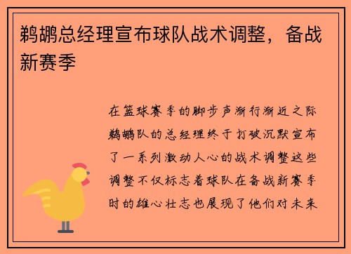 鹈鹕总经理宣布球队战术调整，备战新赛季
