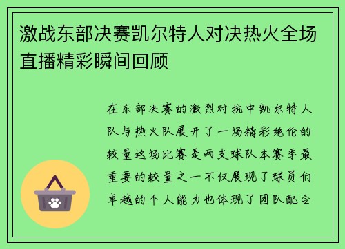 激战东部决赛凯尔特人对决热火全场直播精彩瞬间回顾