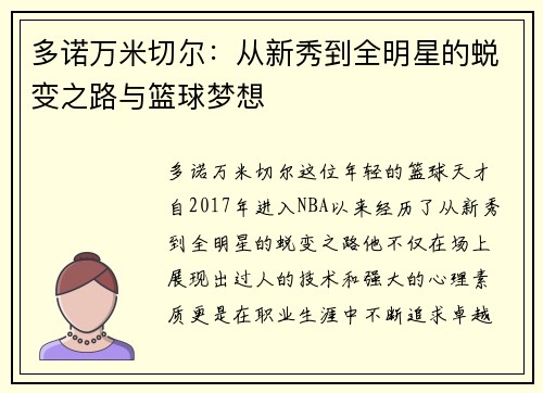 多诺万米切尔：从新秀到全明星的蜕变之路与篮球梦想
