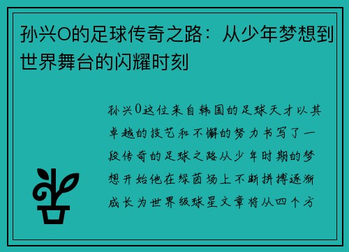 孙兴O的足球传奇之路:从少年梦想到世界舞台的闪耀时刻