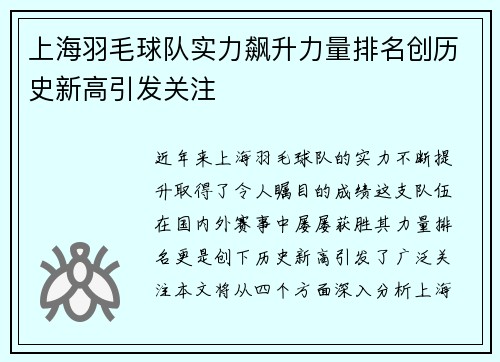 上海羽毛球队实力飙升力量排名创历史新高引发关注