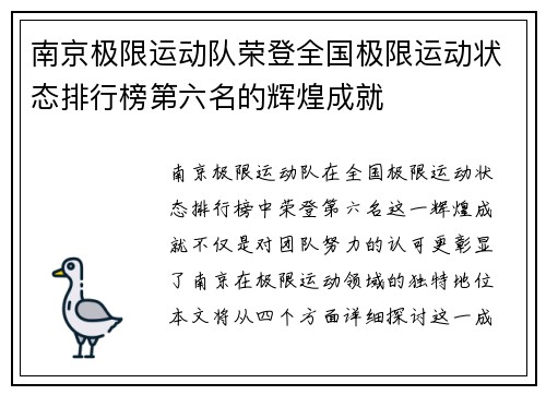 南京极限运动队荣登全国极限运动状态排行榜第六名的辉煌成就